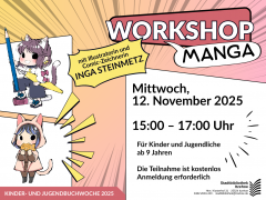 In der Stadtbibliothek Itzehoe findet im Rahmen der Kinder- und Jugendbuchwoche 2025 ein Kreativ-Workshop zum Thema manga mit der Illustratorin Inga Steinmetz statt.